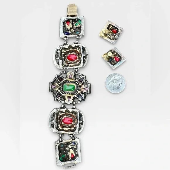 SELRO SELINI Vintage Multicolor Glass Cabochon Panel Bracelet and Earrings Set. - Picture 15 of 16